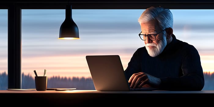 Retiree with white hair and beard in glasses seated near a big window working on a laptop. Modern lifestyle and active, creative retirement. AI generated image