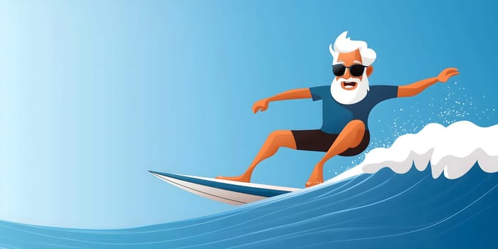 illustration of a retiree surfing with cool sunglasses, radiating joy and adventure while catching waves, showcasing an active and vibrant retirement lifestyle