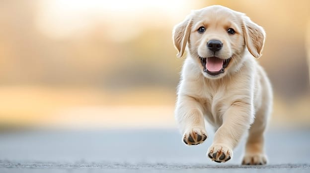 cute labrador puppy running towards camera with a joyful expression, full of energy and excitement. themes of playfulness and fun. AI generated image