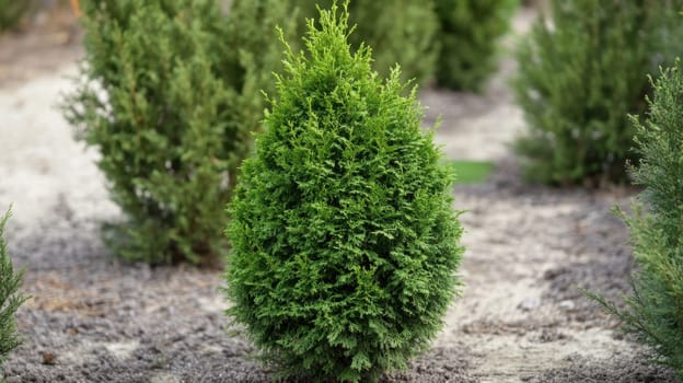 Several small conifer trees are arranged neatly in a garden area showcasing their lush green foliage under bright daylight.