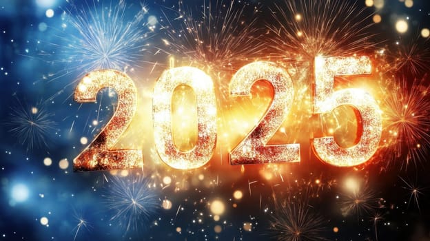 Bright fireworks illuminate the sky welcoming the year 2025 with vibrant colors and festive energy.