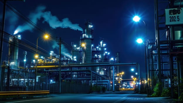 The industrial plant features towering structures and smoke stacks illuminated by bright street lights under a dark night sky.