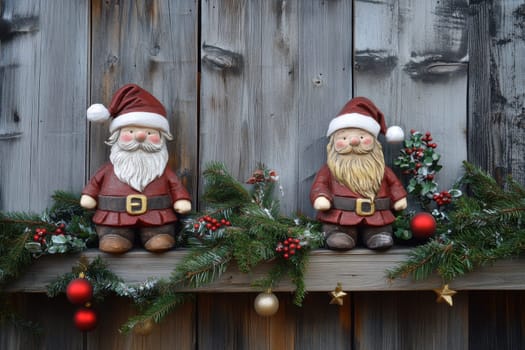 Two cheerful Santa figures are adorned with festive decorations surrounded by greenery and ornaments perfect for a holiday display.
