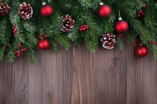 A beautifully arranged display of pine branches adorned with red ornaments and pinecones creating a cheerful festive atmosphere.