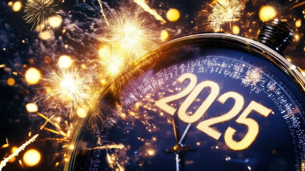 A clock strikes midnight signaling the arrival of 2025 surrounded by vibrant fireworks lighting up the night sky.