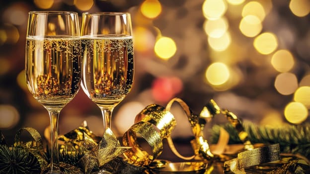 Two elegant champagne flutes sparkle against a festive backdrop with golden decorations capturing the essence of celebration and joy.