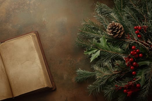 A vintage book rests beside festive greenery featuring holly pinecones and red berries creating a cozy holiday ambiance.