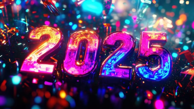 A vibrant display of 2025 with multicolored lights and swirling confetti capturing the festive spirit of New Years celebrations.