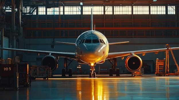 A sleek aircraft is parked inside a spacious hangar illuminated by warm golden hour light filtering through large windows.