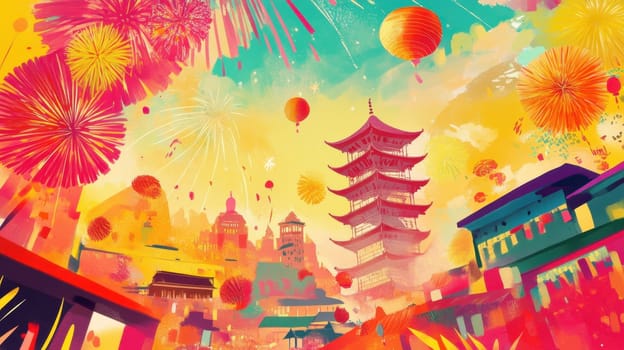 Bright fireworks and lanterns illuminate a lively city during a joyous festival showcasing traditional architecture and festive spirit.