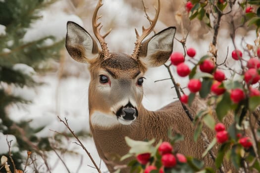 A deer with antlers stands among red berries in a snowy setting showcasing the beauty of winter wildlife.