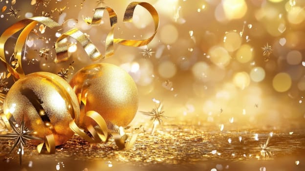 Golden ornaments and ribbons are scattered creating a celebratory feel perfect for holiday decorations or seasonal festivities.