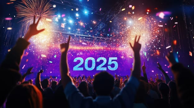 Crowds cheer as fireworks explode welcoming the New Year 2025 amid vibrant lights and excitement filling the atmosphere.