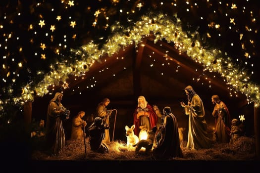 A beautifully arranged nativity scene with illuminated figures and twinkling lights capturing the essence of Christmas spirit and celebration.