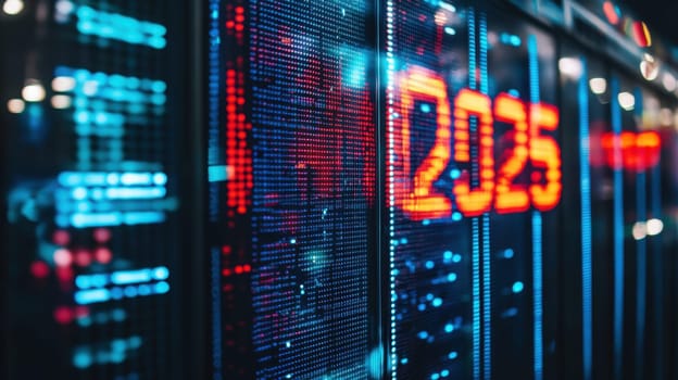 A vibrant digital display highlights the year 2025 showcasing a busy financial market filled with data and activity during trading hours.