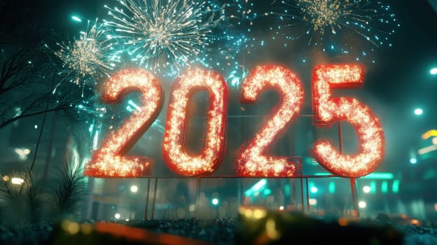 The new year 2025 is celebrated with vibrant fireworks illuminating the night sky creating a festive atmosphere for all to enjoy.