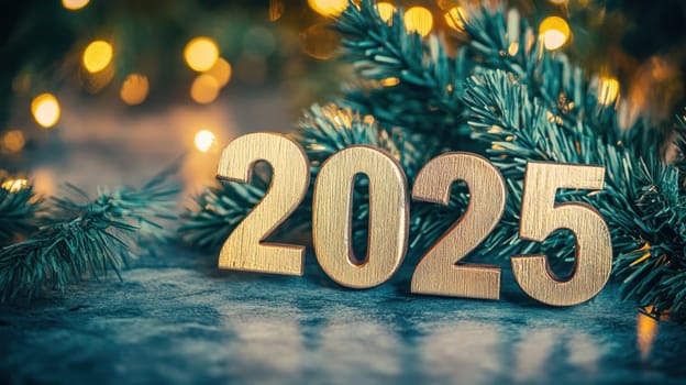 The wooden numbers 2025 are surrounded by festive greenery and soft lights creating a cozy atmosphere for the upcoming year.