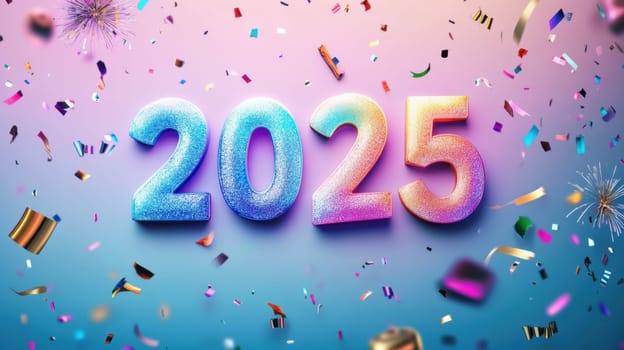 Colorful confetti surrounds the stylized number 2025 creating a festive atmosphere for New Years celebrations.