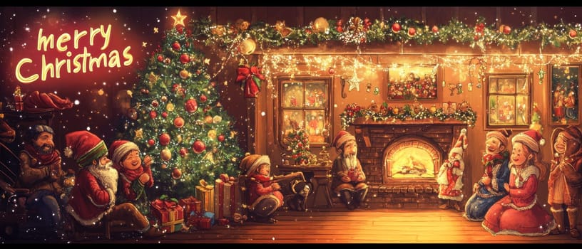 Families celebrate Christmas in a warmly decorated room enjoying presents a tree and a crackling fireplace.