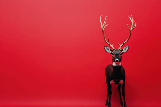 A deer with impressive antlers poses against a vibrant red backdrop showcasing its full stature and unique features.