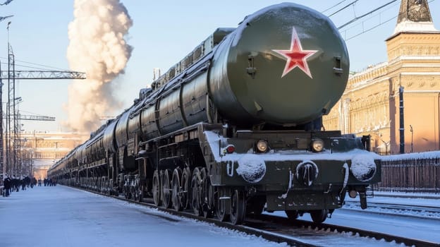 A military train loaded with missiles moves past a snowy area with smoke rising in the background during winter.