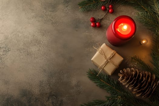 A festive display features a red candle wrapped gift pinecone and greenery creating a warm and inviting holiday atmosphere.