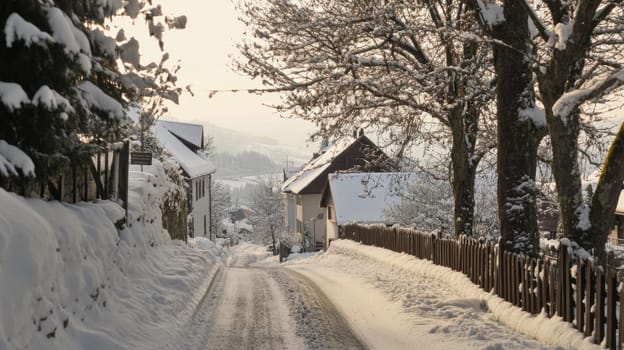 A winding road through a snow blanketed village lined with houses and trees illuminated by soft dusk light.