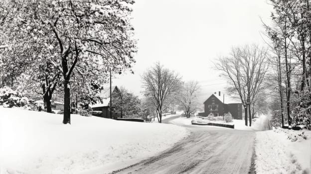 A serene winter day features a snow covered landscape a winding road and a charming house surrounded by bare trees.