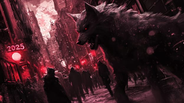A massive wolf creature stalks through a shadowy city street filled with red lights and distant figures creating a mysterious atmosphere.