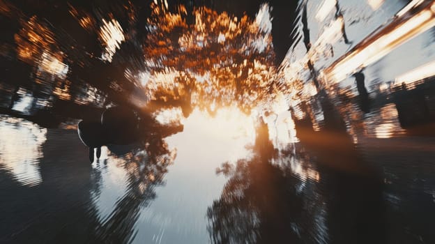A serene sunset casts golden light over a rain soaked city street creating beautiful reflections and enhancing the peaceful atmosphere.