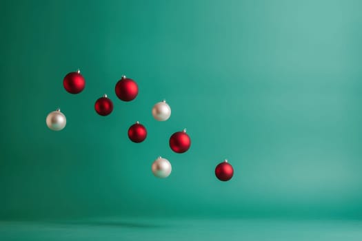 Red and white ornaments are suspended against a teal background creating a festive and cheerful atmosphere for the holiday season.