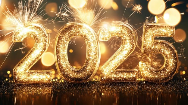 Brightly lit golden numbers 2025 sparkle against a blurred background creating a festive atmosphere for New Year celebrations.
