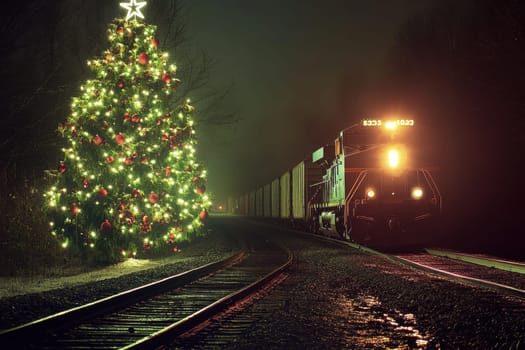 A festive train approaches a brightly lit Christmas tree by the tracks under a starry night sky creating a magical holiday atmosphere.