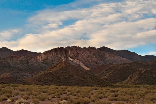 Craggy sierra near Andes mountains at dawn near Uspallata, Argentina.