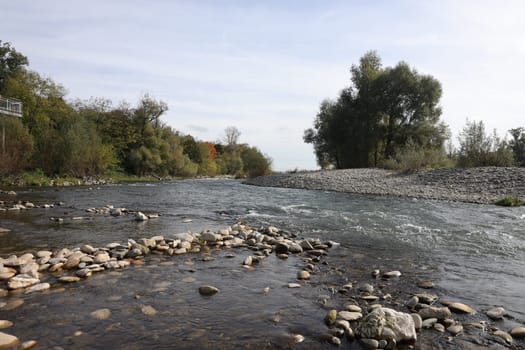 Autumn atmosphere at the Isteiner Schwellen on the Rhine near Efringen-Kirchen (Lörrach district). In bright sunshine,numerous excursionists from Germany and abroad took advantage of the beautiful late summer weather on Sunday to take a trip to the Rhine.