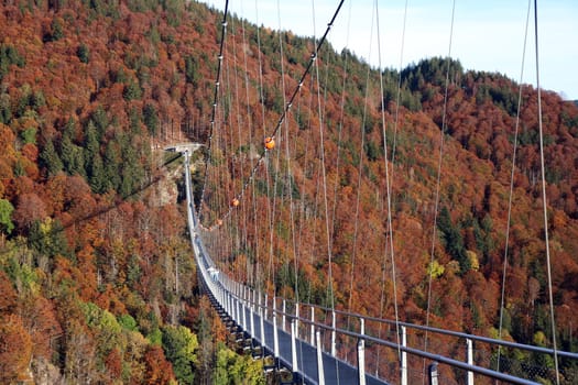 In wonderful late summer weather,visitors were offered a magnificent view and a touch of Indian summer feeling on Sunday during an autumn walk over the 450-metre-long Blackforestline suspension bridge in Todtnau/Todtnauberg (Lörrach district),120 metres above the ground