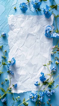 An artistic composition featuring a crumpled piece of white paper surrounded by vibrant blue flowers and green stems against a textured blue backdrop