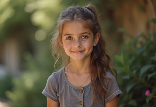 A young Caucasian girl with curly blond hair smiles brightly while enjoying a sunny summer day outdoors. The greenery around her highlights her cheerful spirit and innocence. Generative AI.