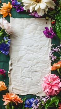 A textured crumpled paper surrounded by an assortment of vibrant flowers, conveying a natural and artistic aesthetic ideal for invitations or spring themes