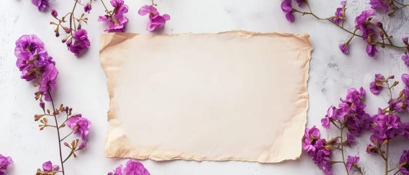 Aged paper framed by vibrant purple flowers on a textured white backdrop gives a vintage touch