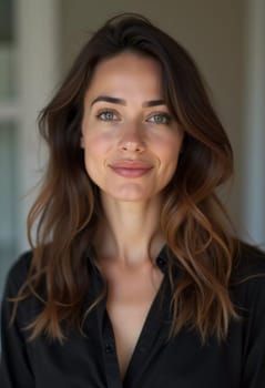 A French Caucasian beautiful young resident woman with wavy hair shares a genuine smile while standing indoors, illuminated by natural light, creating an inviting atmosphere. Generative AI.