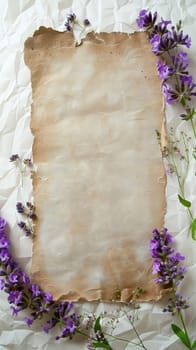 A rustic and artistic display featuring aged paper with torn edges, surrounded by delicate purple lavender sprigs arranged on a crinkled white backdrop, evoking a sense of vintage charm and beauty