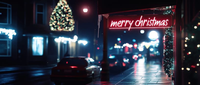 A vibrant Christmas atmosphere unfolds with glowing lights and a cheerful sign as a peaceful street enjoys the holiday spirit.