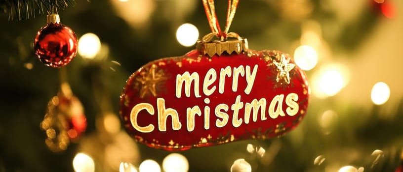 A red ornament with the words Merry Christmas hangs from a Christmas tree surrounded by warm glowing lights.