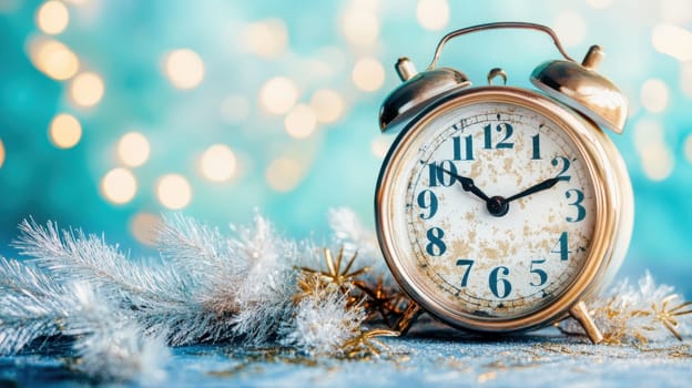 A vintage alarm clock stands prominently with silver decorations creating a cozy holiday atmosphere with blurred lights in the background.