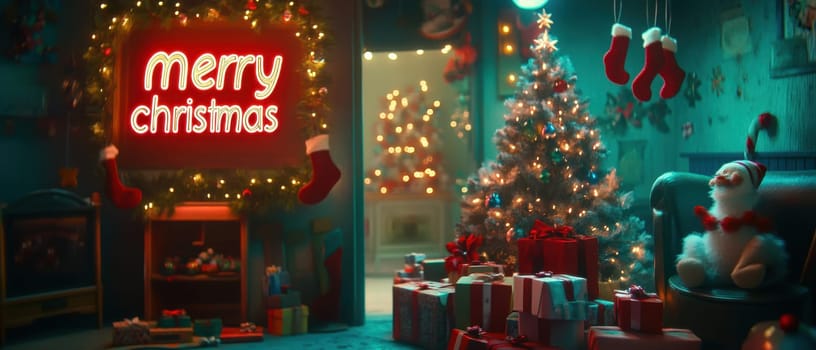 A festive living room is decorated with lights a Christmas tree and presents creating a warm holiday atmosphere.
