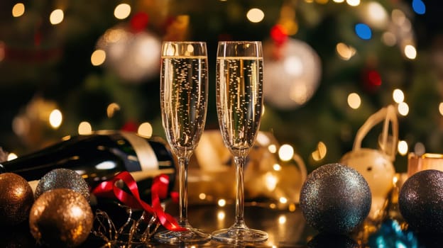 Two sparkling champagne flutes sit on a table surrounded by holiday decorations setting a celebratory mood for a special occasion.