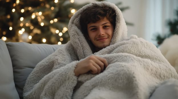 A young person relaxes on a couch wrapped in a fluffy blanket enjoying a cozy atmosphere with festive lights in the background.