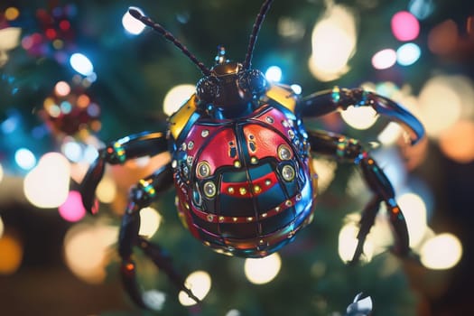 A vibrant robotic beetle ornament is suspended from a tree surrounded by colorful lights during the festive season.
