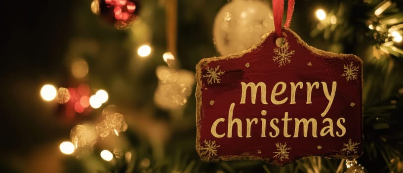 A cheerful Christmas ornament displaying the words Merry Christmas hangs from a decorated evergreen tree illuminated with soft lights.